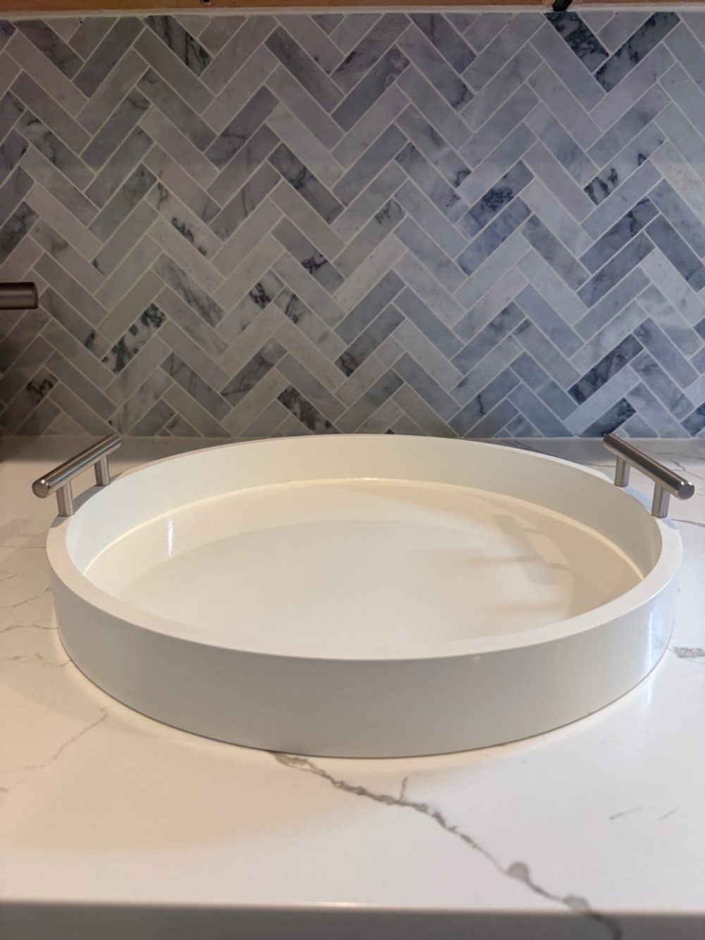 White Decorative Serving Tray with Silver Handles